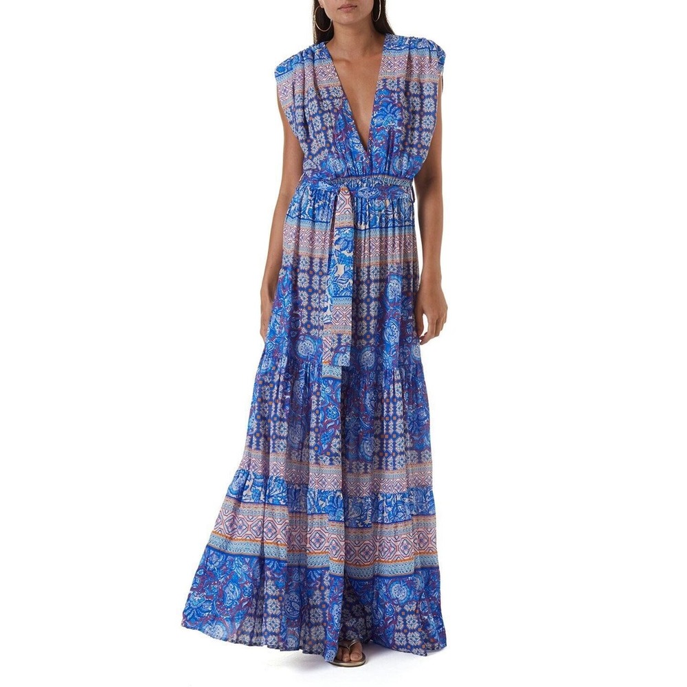 Melissa Odabash Aria Bohemian Long Dress Large Blue V Neck